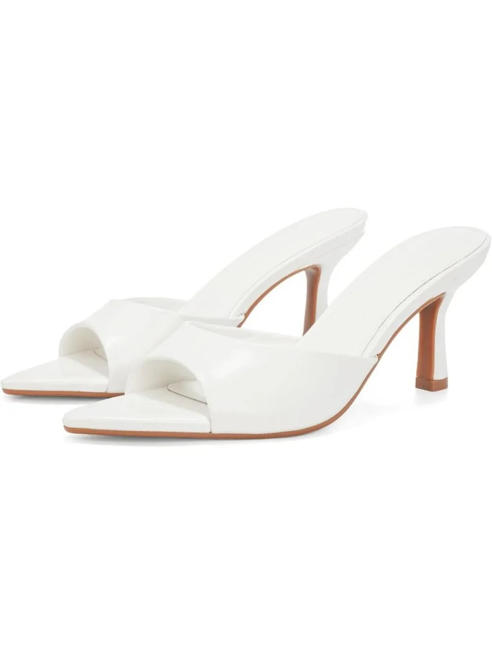 Women's White Faux Leather Open Pointed Toe Slip On Mid Kitten Heels Shoes